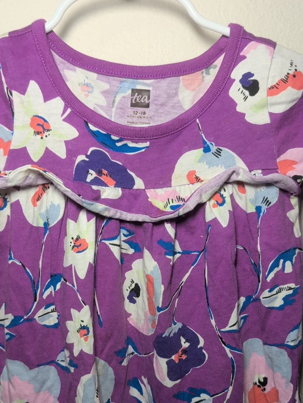 Tea Collection Floral Dress Purple White Long Sleeve 100% Cotton Girl 12-18M